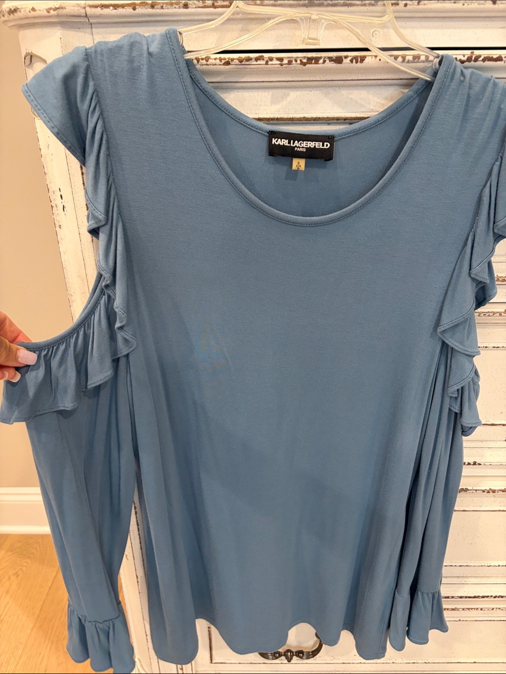 Karl Lagerfeld Light Blue Cold-Shoulder Ruffle Long Sleeve Top